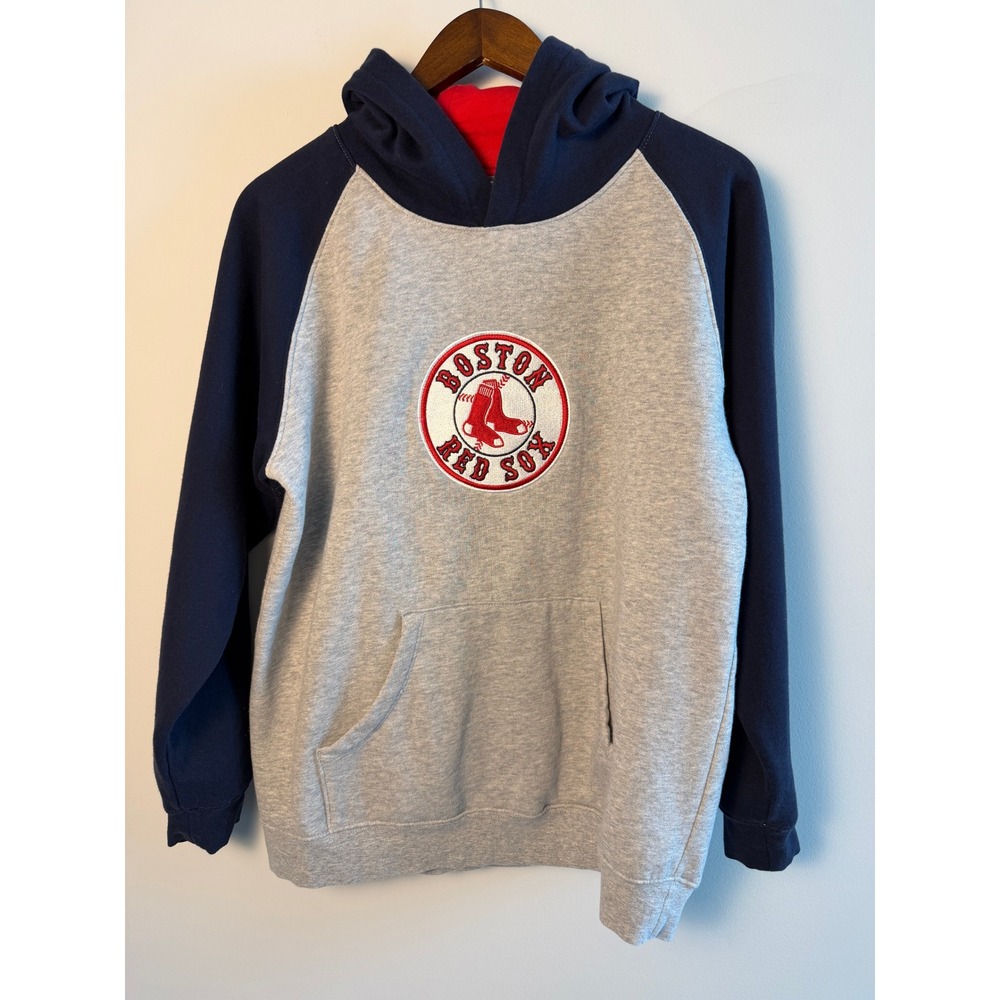 MLB Boston Red Sox Hoodie Mens XL Gray Navy Blue Raglan Sleeve Fleece Sweatshirt